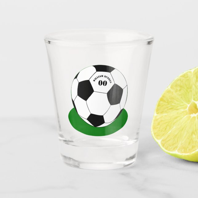Vaso De Chupito Fiesta de fútbol, pelota de fútbol con nombre y nú (Anverso)
