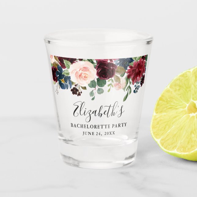 Vaso De Chupito Fiesta floral de Bachelorette de la acuarela azul (Anverso)