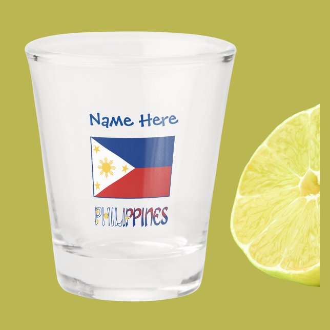 Vaso De Chupito Filipinas y la personalización roja de la bandera  (Personalized shot glass with Filipino Flag and word PHILIPPINES below in flag colors. Above add name)