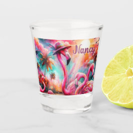 Vaso De Chupito Flamencos rosados tropicales palmeras personalizad