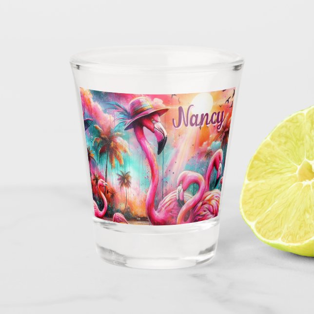 Vaso De Chupito Flamencos rosados tropicales palmeras personalizad (Anverso)