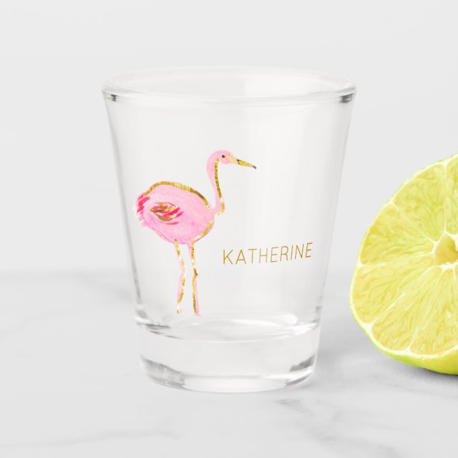Vaso De Chupito Flamingo Tropical Rosa y Oro Personalizado (Anverso)