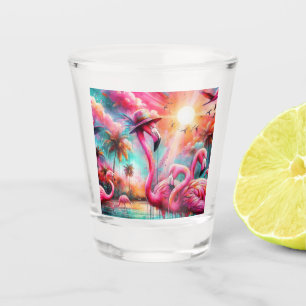 Vaso De Chupito Flamingos rosados tropicales Palmeras Agua Verde a
