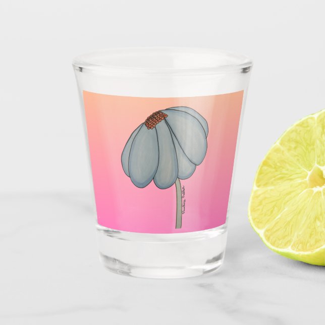 Vaso De Chupito Flor azul con fondo rosa (Anverso)