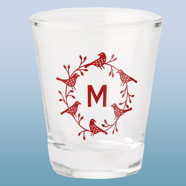 Vaso De Chupito Flor y pájaro de Monograma (Scandinavian bird wreath personalized monogram initial shot glass)