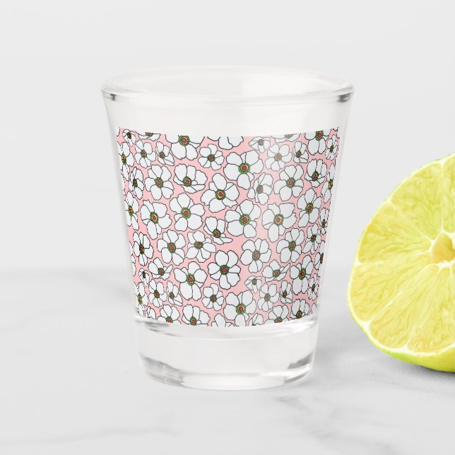 Vaso De Chupito Flores blancas y rosadas modernas (Anverso)
