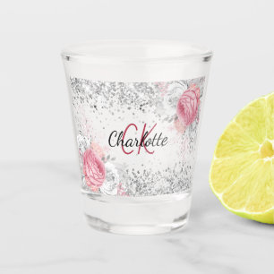 Vaso De Chupito Flores elegantes monograma nombre rosa plateado