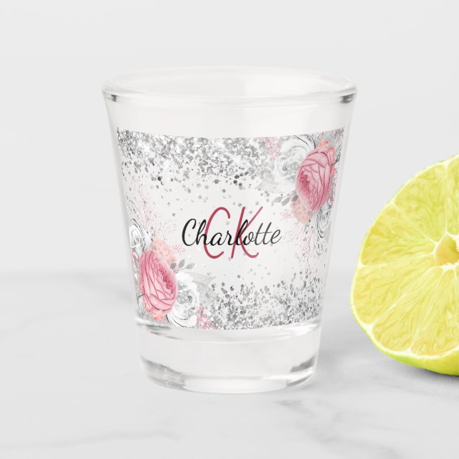 Vaso De Chupito Flores elegantes monograma nombre rosa plateado (Anverso)