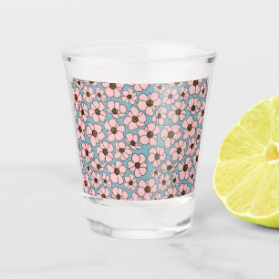 Vaso De Chupito Flores rosadas sobre azul 