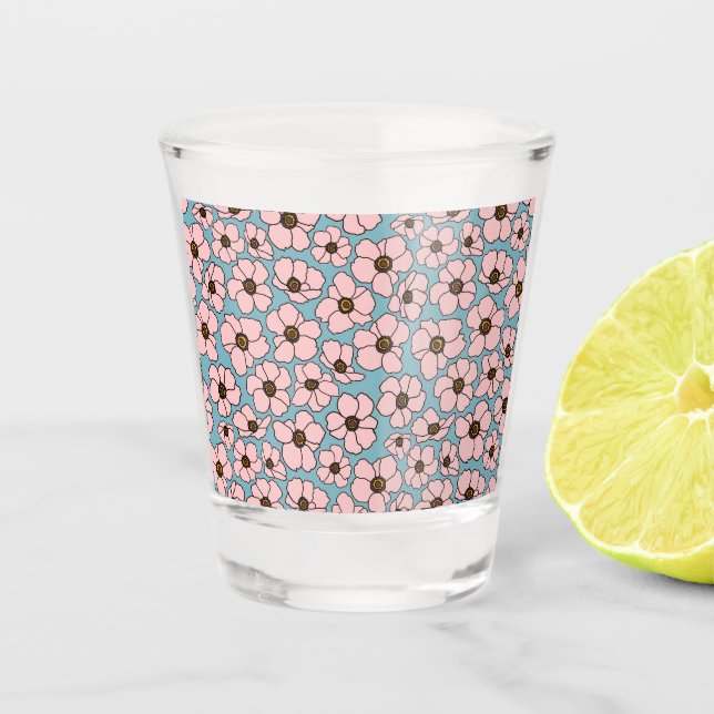 Vaso De Chupito Flores rosadas sobre azul  (Anverso)