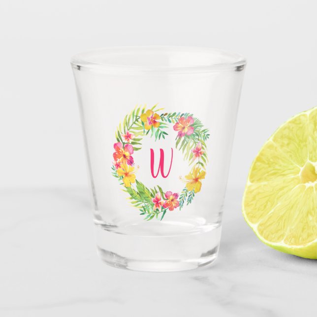 Vaso De Chupito Flores tropicales Fuchsia Monograma rosa (Anverso)