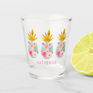 Vaso De Chupito Flores tropicales rosas y piñas doradas