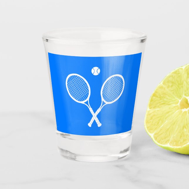 Vaso De Chupito Fondo azul de raquetas de tenis (Anverso)