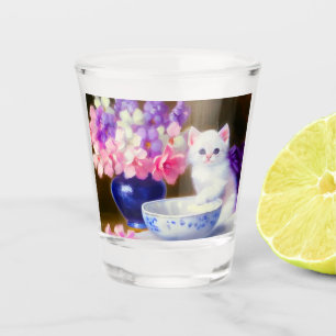 Vaso De Chupito Gatito blanco vintage con cinta morada