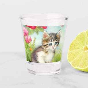Vaso De Chupito Gatito blanco y marrón vintage con flores