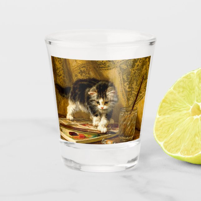 Vaso De Chupito Gatito con pintura y brochas (Anverso)