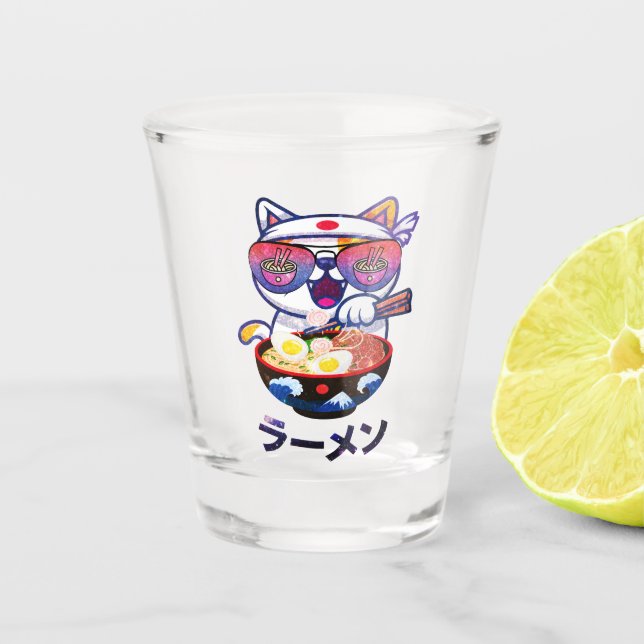 Vaso De Chupito Gato Kawaii comiendo fideos Ramen (Anverso)