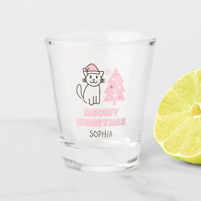 Vaso De Chupito Gato lindo en Santa Hat&Tree Meowy Navidades Paste (Anverso)