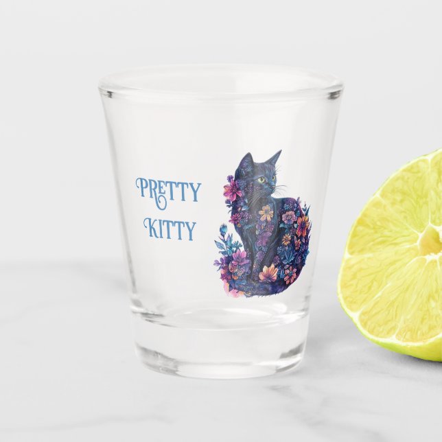 Vaso De Chupito Gato negro azul flores gatito bonito (Anverso)