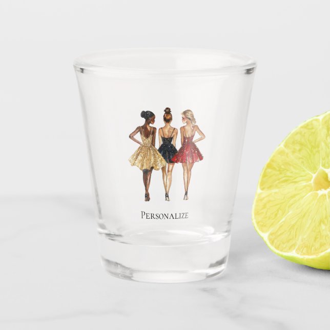 Vaso De Chupito Girls in Glam Gold Black Red Dresses (Anverso)