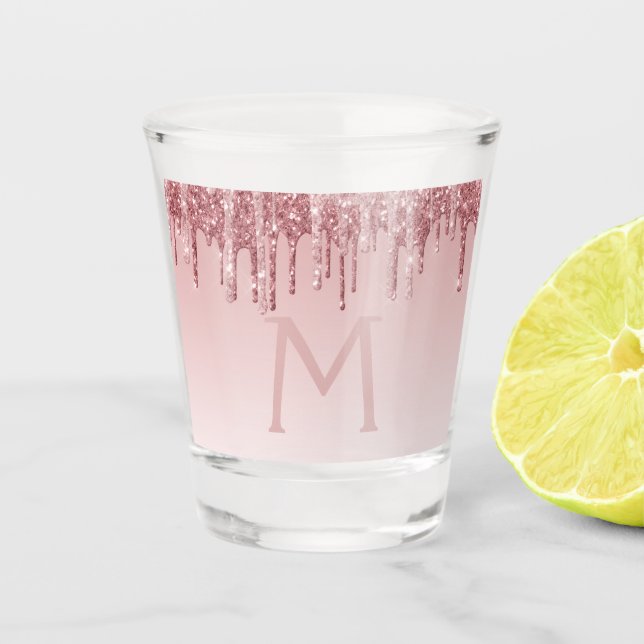 Vaso De Chupito Glitter Rosa Dorado y Monograma de Cumpleaños con  (Anverso)