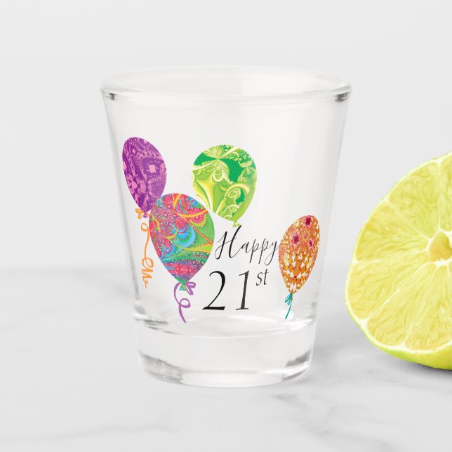 Vaso De Chupito Globos de cumpleaños felices 21 o mayores (Anverso)