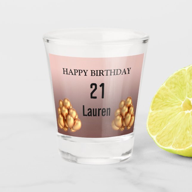 Vaso De Chupito Globos de oro rosado, Rosa de moda, cumpleaños 21 (Anverso)