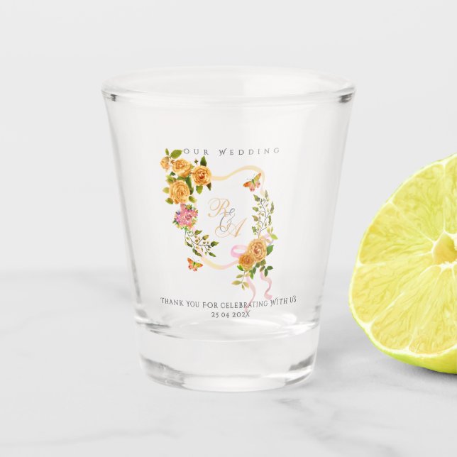 Vaso De Chupito Gold Rose Ribbon Monogram Wedding  (Anverso)