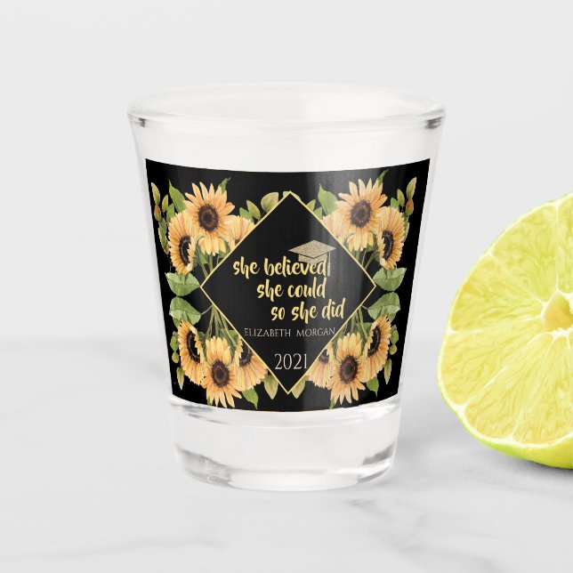 Vaso De Chupito Gorra de Graduado Brillante de Girasoles (Anverso)