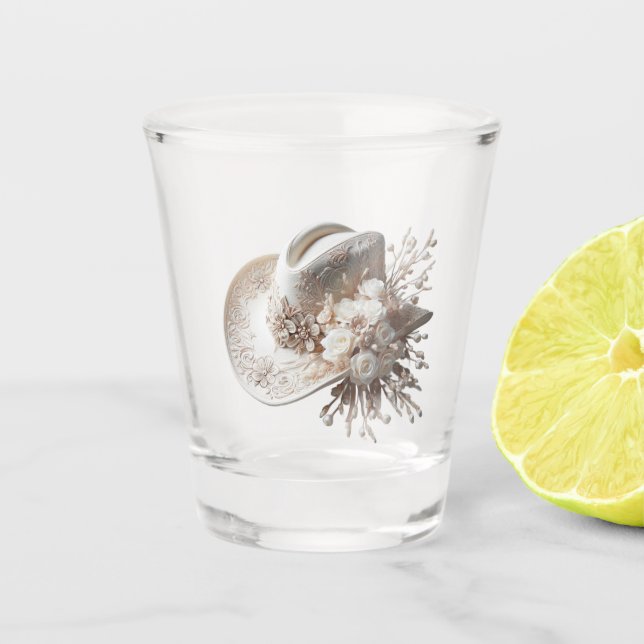 Vaso De Chupito Gorra de vaca blanca con flores (Anverso)
