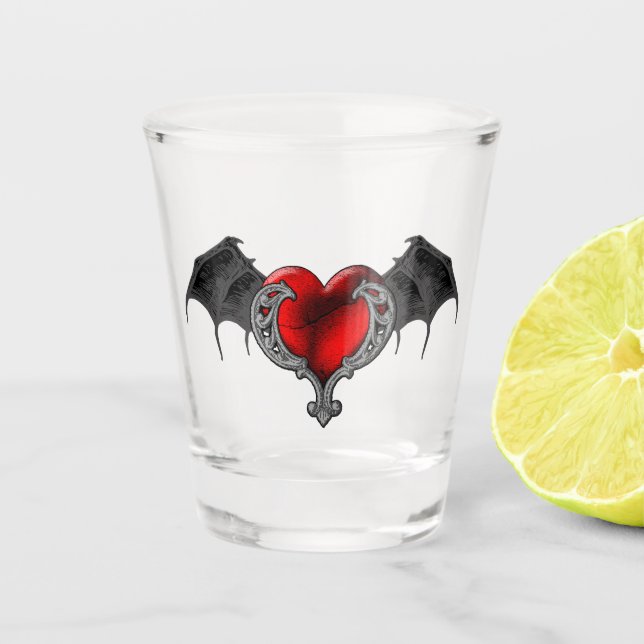 Vaso De Chupito Gótico Corazón Rojo con Bat Wings Vidrio (Anverso)