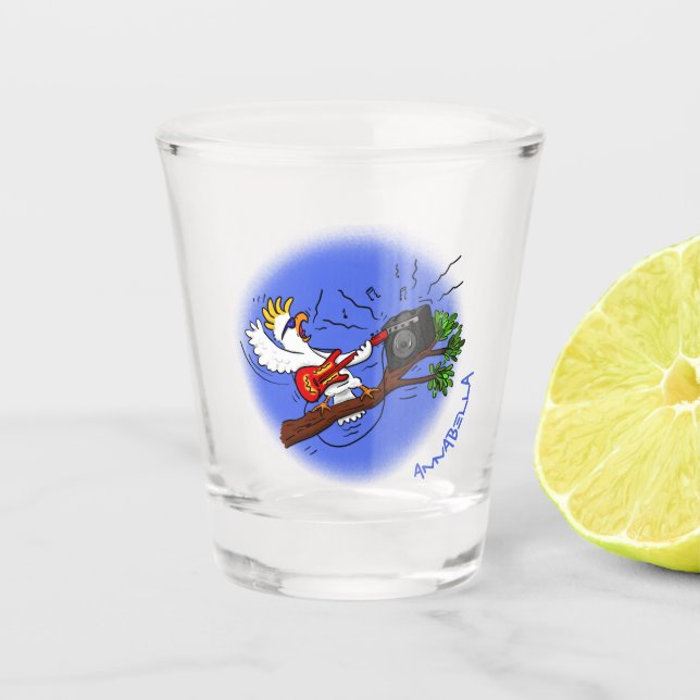 Vaso De Chupito Graciosa cacatúa tocando el personalizado de guita (Anverso)