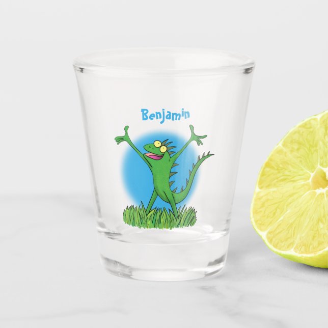 Vaso De Chupito Gracioso lagarto de iguana con sonrisa verde (Anverso)