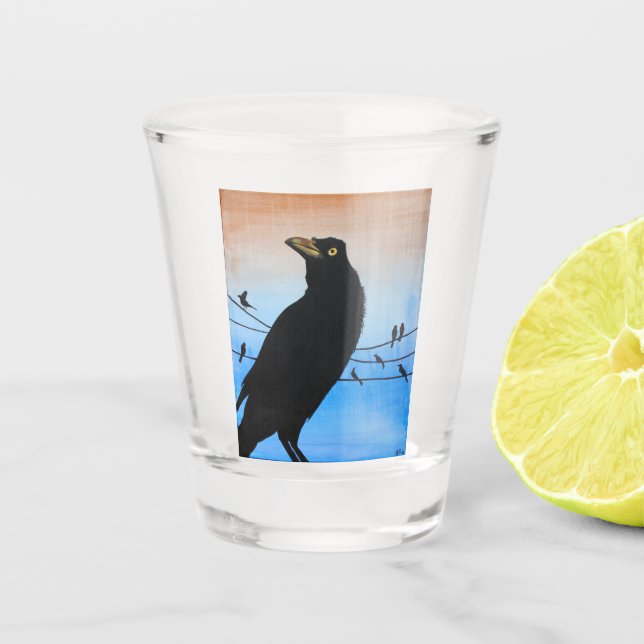 Vaso De Chupito Grackle Austin Texas Black Bird Wildlife Pintura (Anverso)