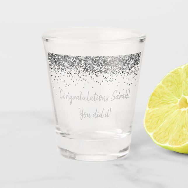 Vaso De Chupito Grad Silver personalizado del partido de graduació (Anverso)