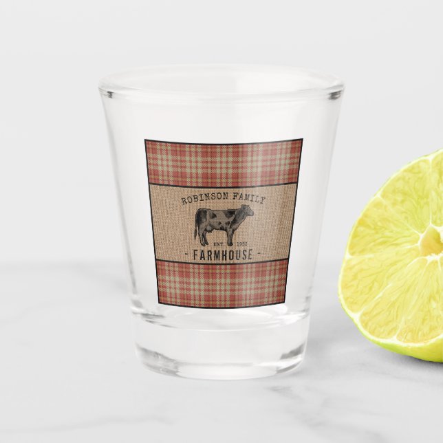 Vaso De Chupito Granja de familia Rústica Vaca Red Plaid Burlap (Anverso)