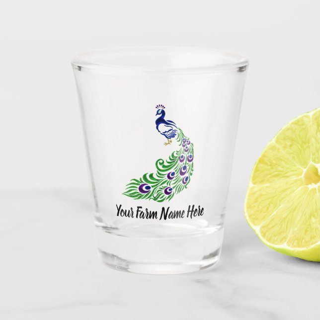 Vaso De Chupito Granja de pavo real azul personalizada (Anverso)