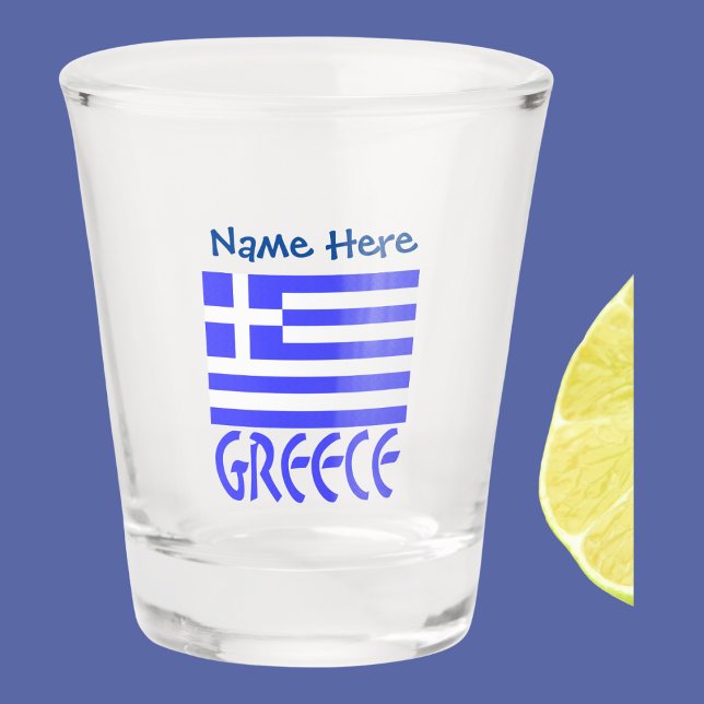 Vaso De Chupito Grecia y la bandera griega: personalización azul (Greek flag on a shot glass with the word GREECE underneath in blue letters. Add s name above.)