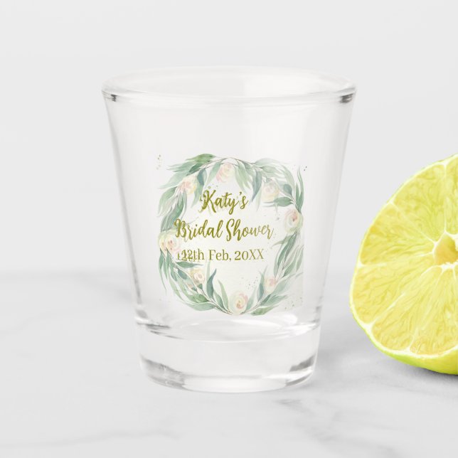 Vaso De Chupito Green eucalyptus floral bridal shower name date go (Anverso)
