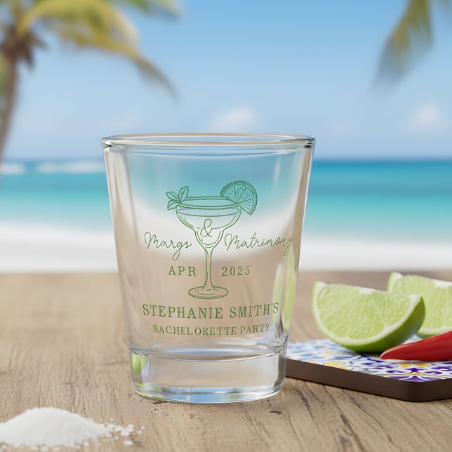 Vaso De Chupito Green Margs and Matrimony Bachelorette Party  (Set the tone for a lively pre-wedding celebration with this mint green “Margs & Matrimony”  glass)