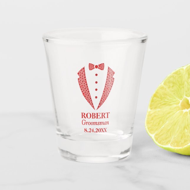 Vaso De Chupito Groomsmen del patrón de diamante rojo Tuxedo (Anverso)