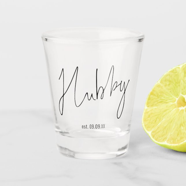 Vaso De Chupito Guión de Hubby Fecha Boda Keepsake Gift (Anverso)