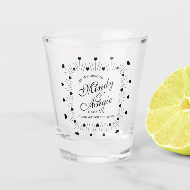 Vaso De Chupito Guión de marco de corazones Doodle Boda (Anverso)