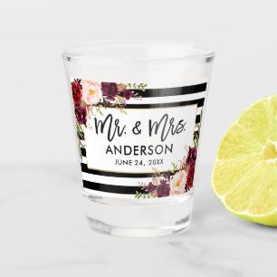 Vaso De Chupito Guión de pincel Borgoña Floral striped Mr. y Mrs.