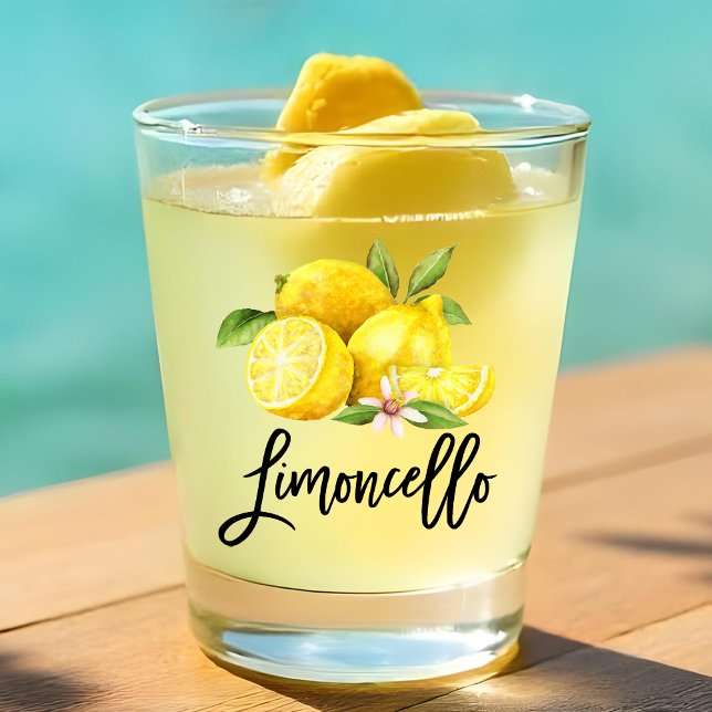 Vaso De Chupito Guión de pincel moderno Limoncello Lemones de colo (Watercolor Lemons and Brush Script Calligraphy Limoncello Shot Glass)