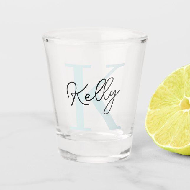Vaso De Chupito Guión moderno de monograma azul Aqua (Anverso)