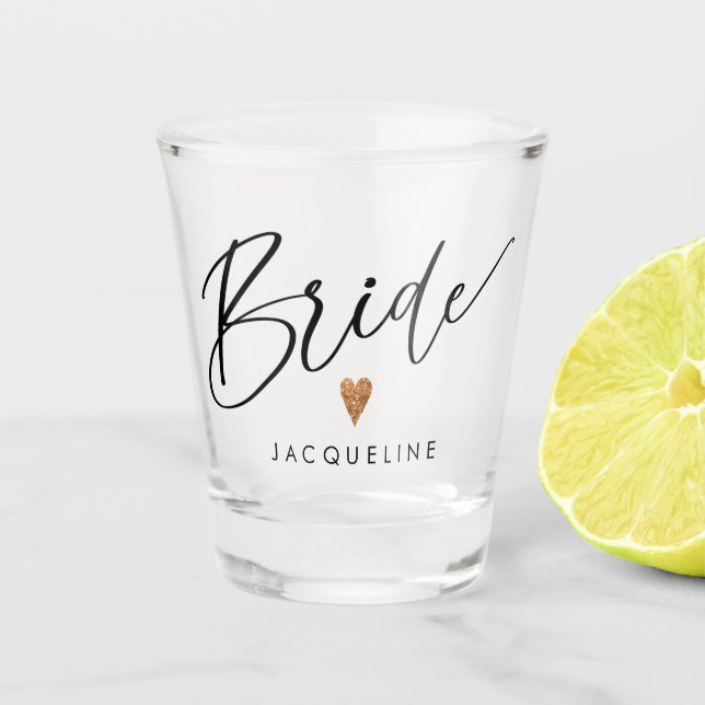 Vaso De Chupito Guión moderno Novia Rosa Dorado guión con nombre (Anverso)