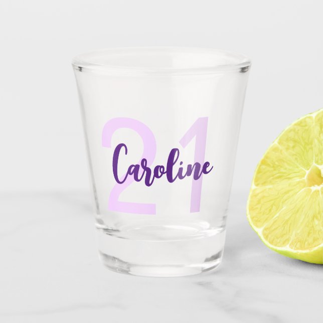 Vaso De Chupito Guión púrpura moderno de cumpleaños 21 personaliza (Anverso)