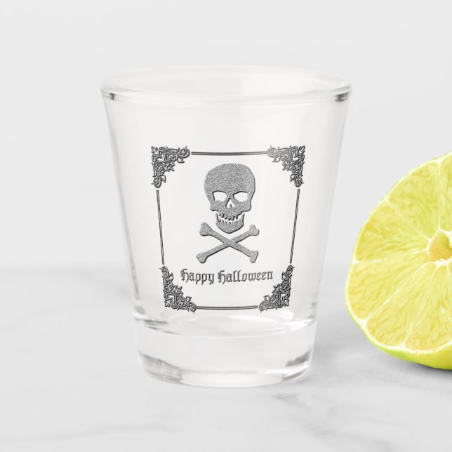 Vaso De Chupito Halloween con calaveras plateadas y cruces (Anverso)