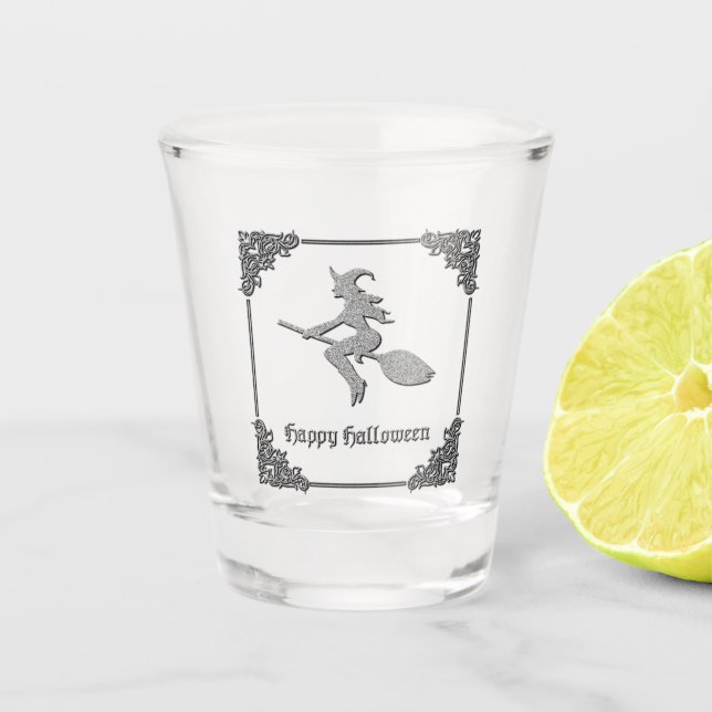 Vaso De Chupito Halloween de la Bruja Voladora de Plata (Anverso)